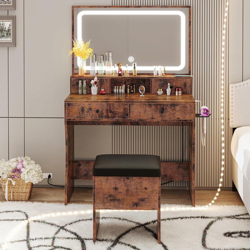 Vanity Desk with LED Lighted Mirror, Power Outlet, and 4 Drawers