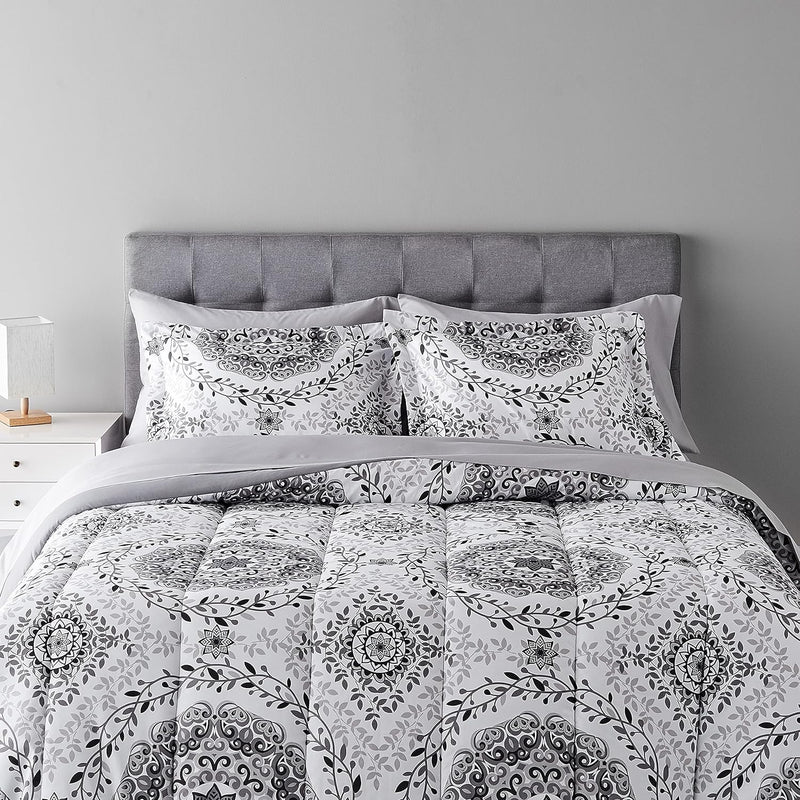 7-Piece Lightweight Microfiber Bed-in-a-Bag Comforter Bedding Set - Full/Queen, Gray Medallion