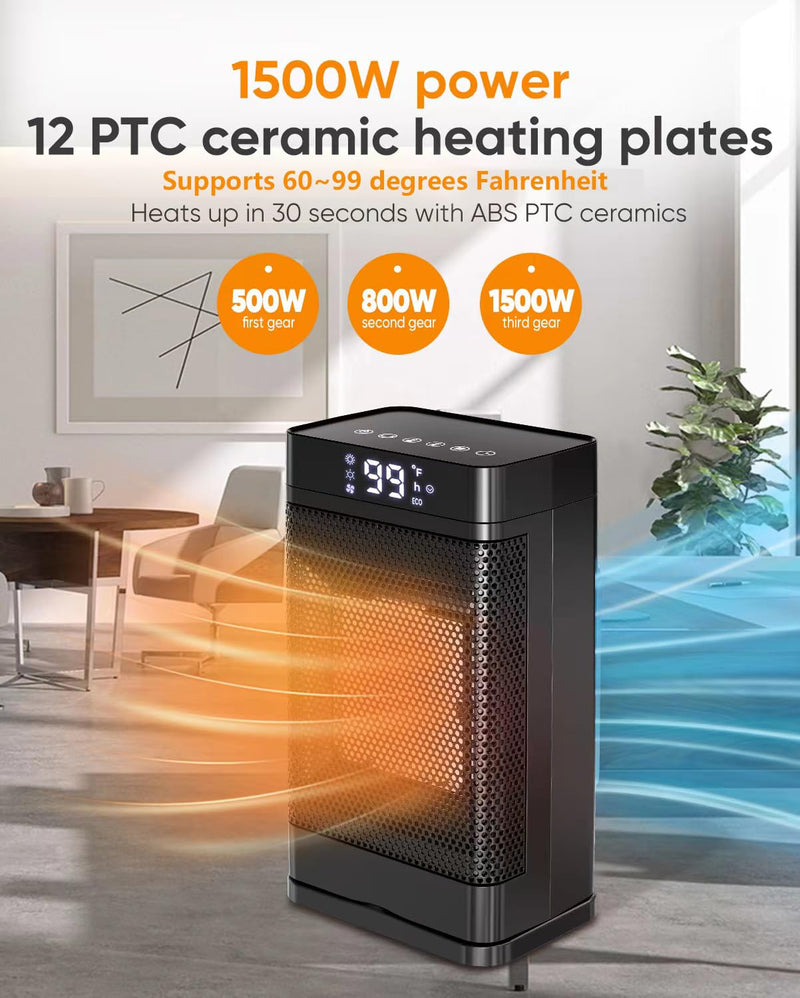 PGYIOO 1500W Portable Space Heater, PTC Ceramic, 12H Timer, Quiet Fast Heating, Thermostat, for Home, Bedroom & Office