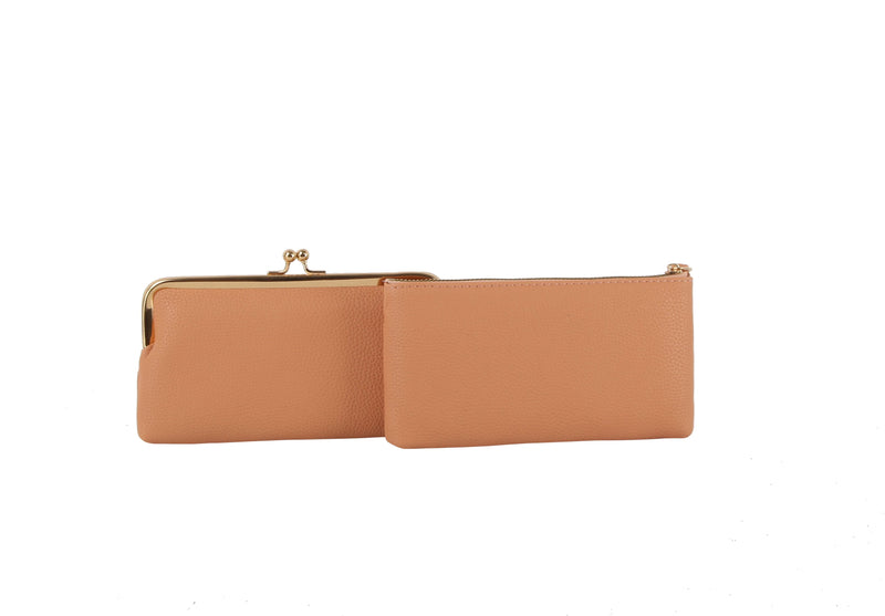 2-in-1 Vegan Leather Wristlet with Interlocking Clasp - Detachable Kiss-Lock Coin Purse Set for Women