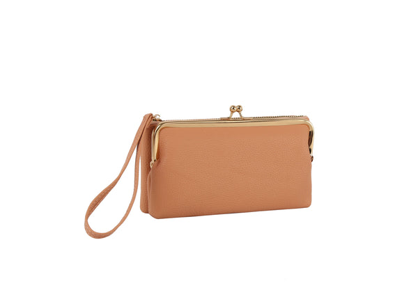 2-in-1 Vegan Leather Wristlet with Interlocking Clasp - Detachable Kiss-Lock Coin Purse Set for Women