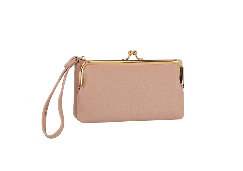 2-in-1 Vegan Leather Wristlet with Interlocking Clasp - Detachable Kiss-Lock Coin Purse Set for Women