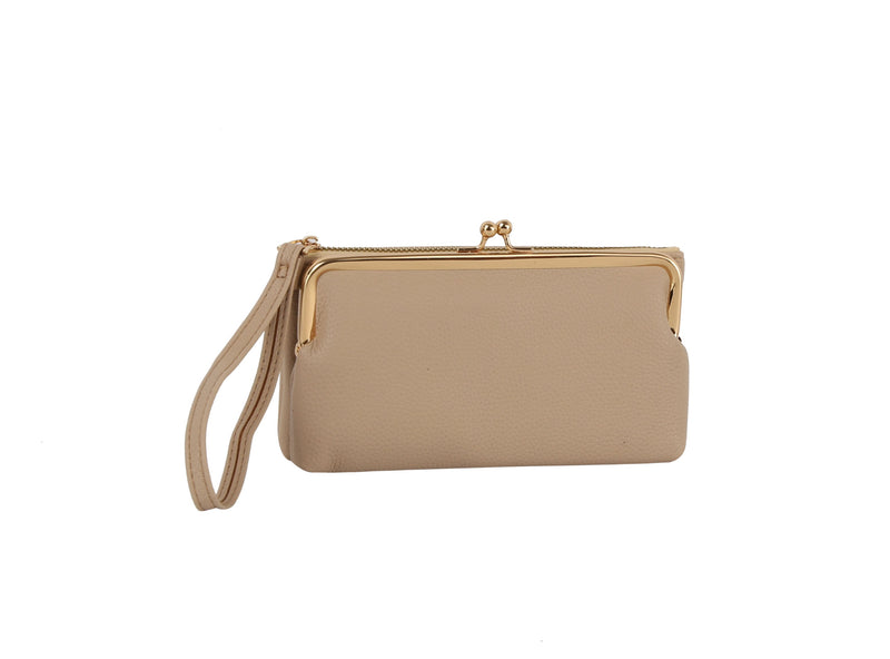 2-in-1 Vegan Leather Wristlet with Interlocking Clasp - Detachable Kiss-Lock Coin Purse Set for Women