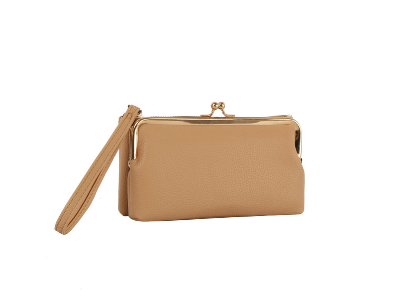 2-in-1 Vegan Leather Wristlet with Interlocking Clasp - Detachable Kiss-Lock Coin Purse Set for Women