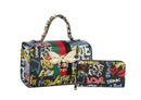Graffiti Bee Print Satchel & Wallet Set, Vegan Leather 2-in-1 Convertible Shoulder Bag with Detachable Strap for Women