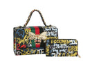 Graffiti Bee Print Satchel & Wallet Set, Vegan Leather 2-in-1 Convertible Shoulder Bag with Detachable Strap for Women