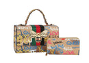 Graffiti Bee Print Satchel & Wallet Set, Vegan Leather 2-in-1 Convertible Shoulder Bag with Detachable Strap for Women
