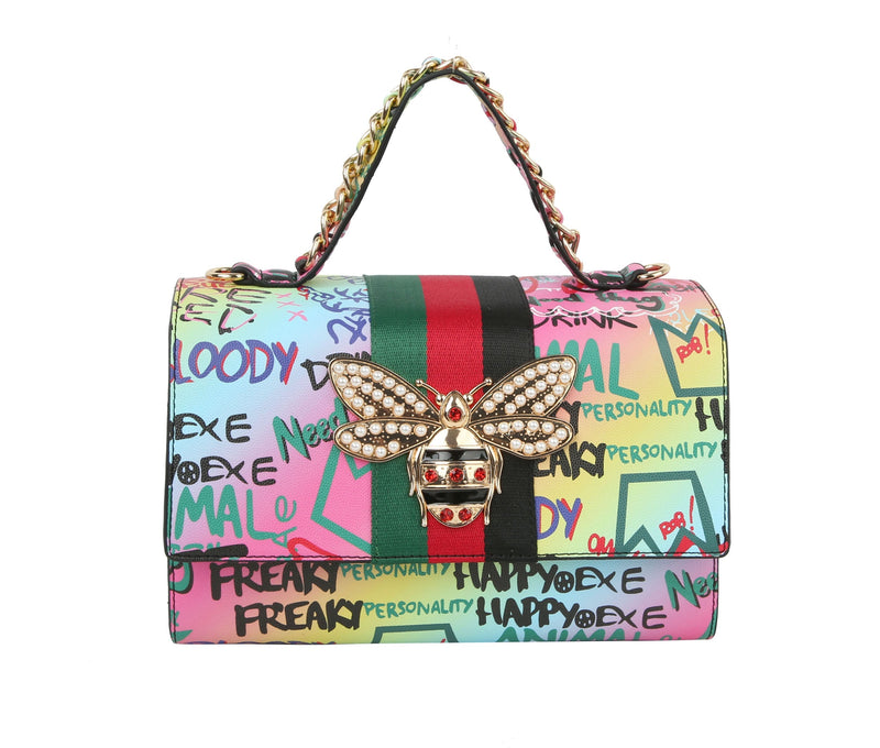 Graffiti Bee Print Satchel & Wallet Set, Vegan Leather 2-in-1 Convertible Shoulder Bag with Detachable Strap for Women