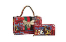 Graffiti Bee Print Satchel & Wallet Set, Vegan Leather 2-in-1 Convertible Shoulder Bag with Detachable Strap for Women