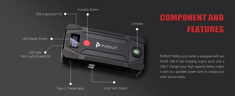 Gift for Men/Women,Portable UltraSafe Smart Jump Starter & Power Bank with Emergency Multimode Flash light and compass for Cars and Trucks  6.0L Gasoline and 3.0L Diesel Engines