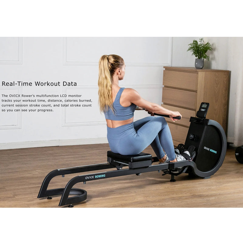 OVICX R100 Foldable Home Rower with Adjustable Foot Plate, Extra Long Track, and 16 Intensity Levels for Full-Body Workouts