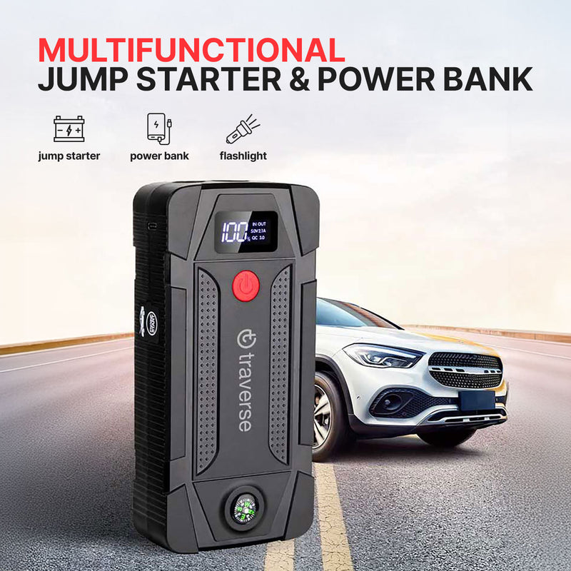 Portable UltraSafe Smart Jump Starter & Power Bank with Emergency Multimode Flash light and compass for Cars and Trucks  6.0L Gasoline and 3.0L Diesel Engines