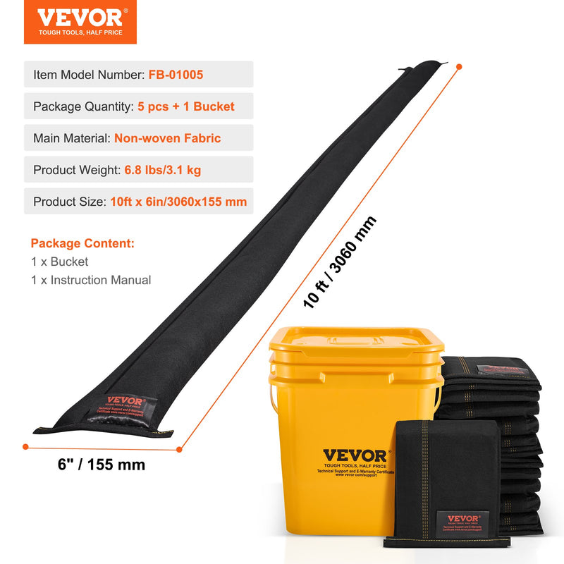 VEVOR Flood Barriers, Water Flood Dam Bags 5 Pack, Water Barriers for Flooding with Plastic Bucket, Water Activated Flood Barriers for Home, Doorway, Driveway(10ft x 6in)
