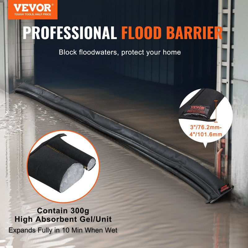 VEVOR Flood Barriers, Water Flood Dam Bags 5 Pack, Water Barriers for Flooding with Plastic Bucket, Water Activated Flood Barriers for Home, Doorway, Driveway(10ft x 6in)