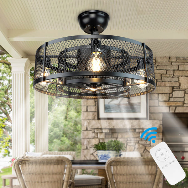 4-Light Matte Black Metal Caged Farmhouse Remote Ceiling Fan Light, Industrial Vintage Chandelier Fan With 8 Invisible Blades