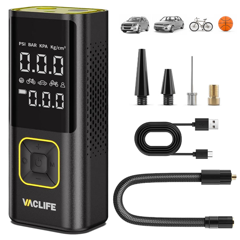 VacLife Cordless Tire Inflator with Built-In Rechargeable Battery and LED Display
