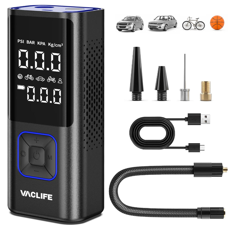 VacLife Cordless Tire Inflator with Built-In Rechargeable Battery and LED Display