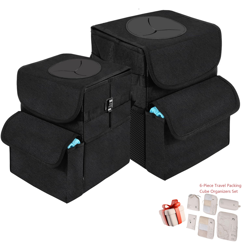 Car Trash Can with Lid and Storage Pockets, 100% Leak-Proof Organizer, 1.8 + 2.8 Gallons Set, free 6-Piece Travel Packing Cube Organizers Set