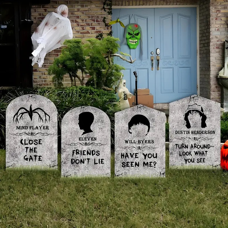 Outdoor Halloween Decorations, 4ct Large Stranger Things Tombstones, Gravestone Decor Yard Signs with Stakes, 16" Tall Realistic Scary Graveyard Headstone