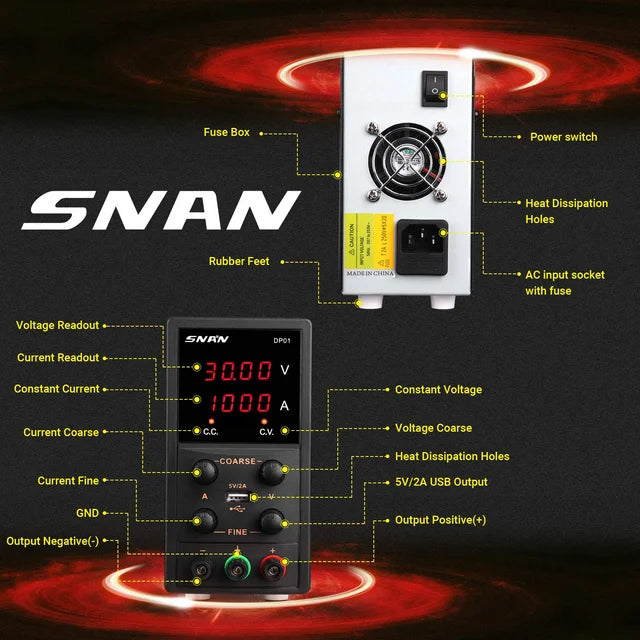 SNAN High Precision DC Benchtop Power Supply with 5V/2A USB Output and 4-Digit LED Display