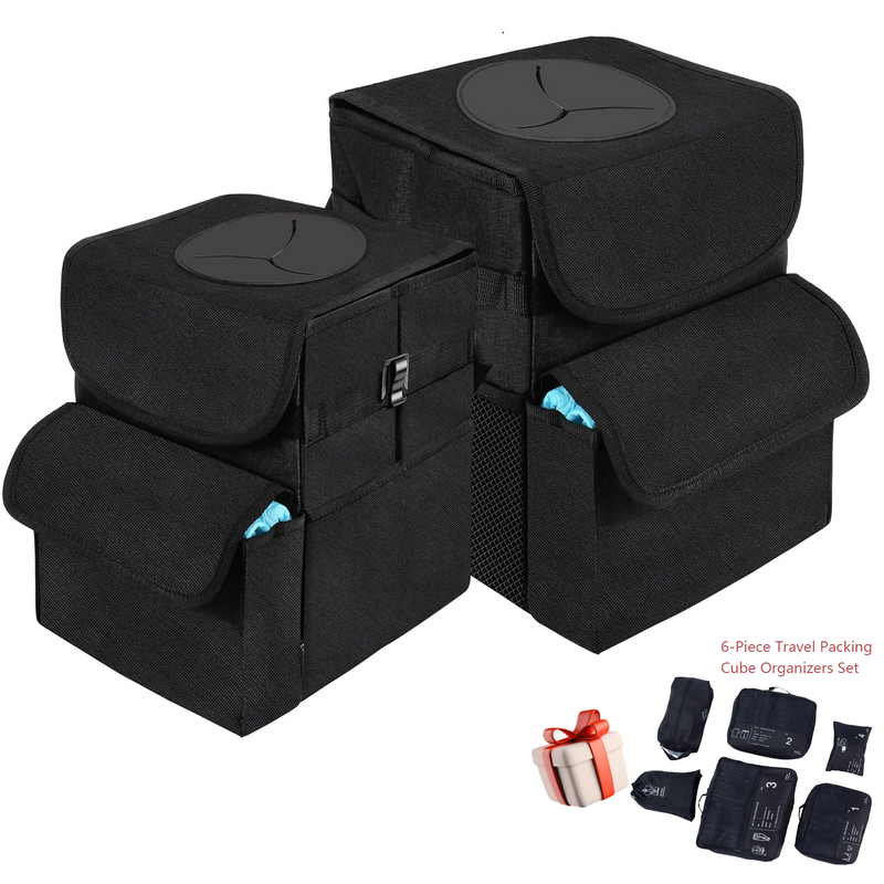 Car Trash Can with Lid and Storage Pockets, 100% Leak-Proof Organizer, 1.8 + 2.8 Gallons Set, free 6-Piece Travel Packing Cube Organizers Set