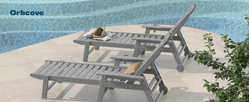 Outdoor Lounge Chair with Cup Holder, Outdoor Chaise Lounge with 6-Position Adjustable Backrest, HDPE Lounge Chair for Poolside, Patio, Deck & Backyard, Chaise Lounge