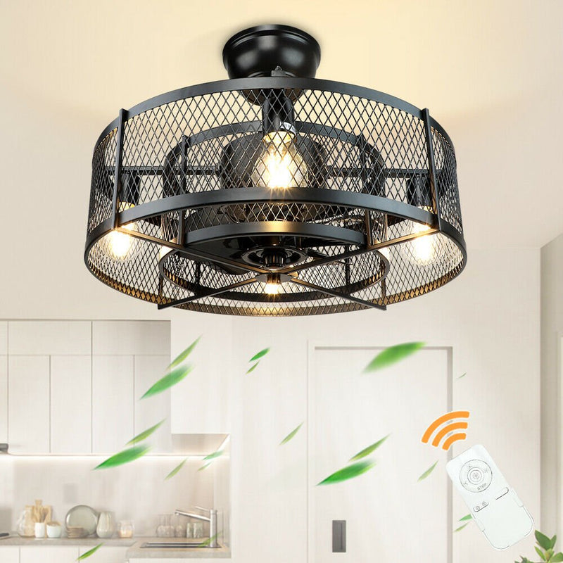 4-Light Matte Black Metal Caged Farmhouse Remote Ceiling Fan Light, Industrial Vintage Chandelier Fan With 8 Invisible Blades