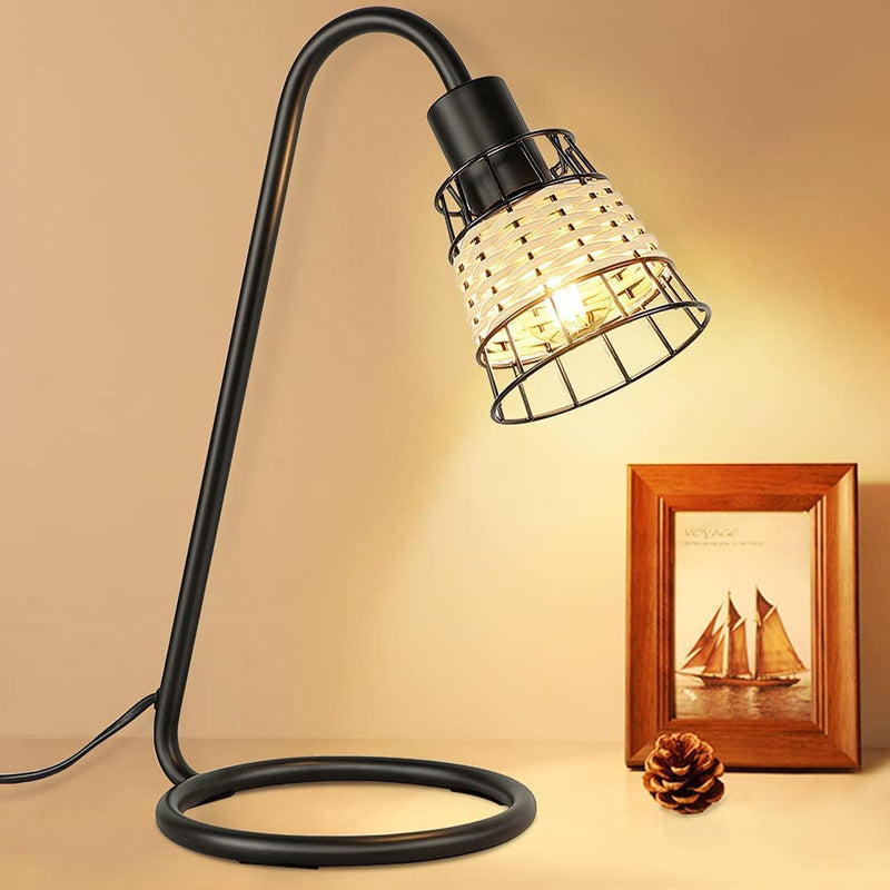 Industrial Table Lamp, Modern LED Desk Lamp, Black Metal Bedside Nightstand Lamp With Rattan Shade