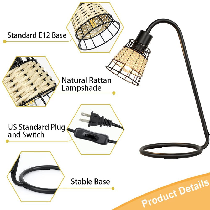 Industrial Table Lamp, Modern LED Desk Lamp, Black Metal Bedside Nightstand Lamp With Rattan Shade