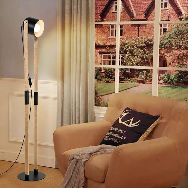 Modern Metal Wooden Floor Lamps For Living Room, 360° Heads Rotatable Standing Light With Pressure Switch