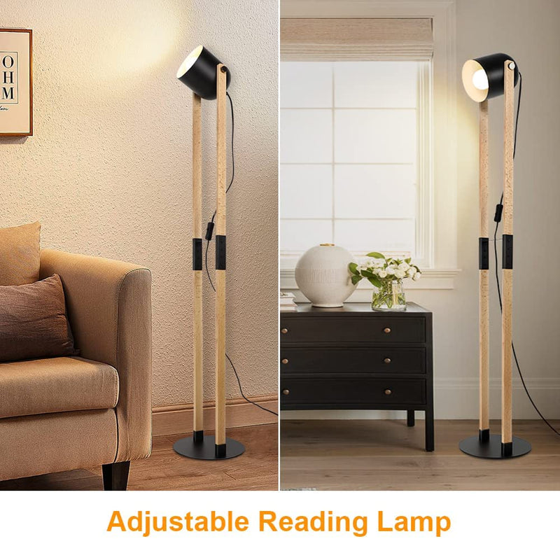 Modern Metal Wooden Floor Lamps For Living Room, 360° Heads Rotatable Standing Light With Pressure Switch