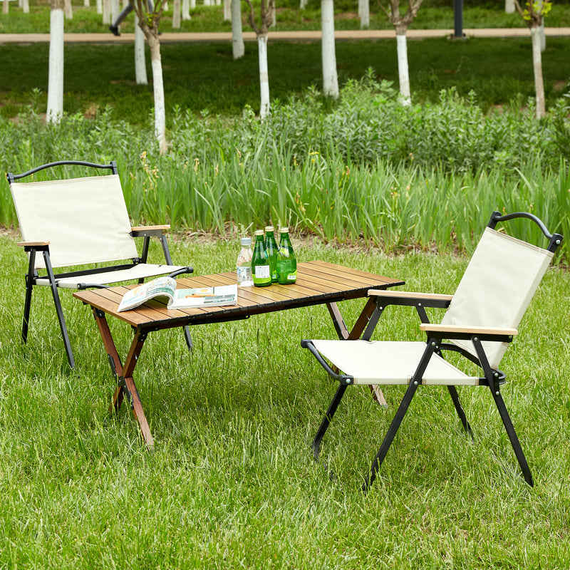 3-Piece Outdoor Dining Set with Lightweight Aluminum Roll-up Table and Two Folding Chairs