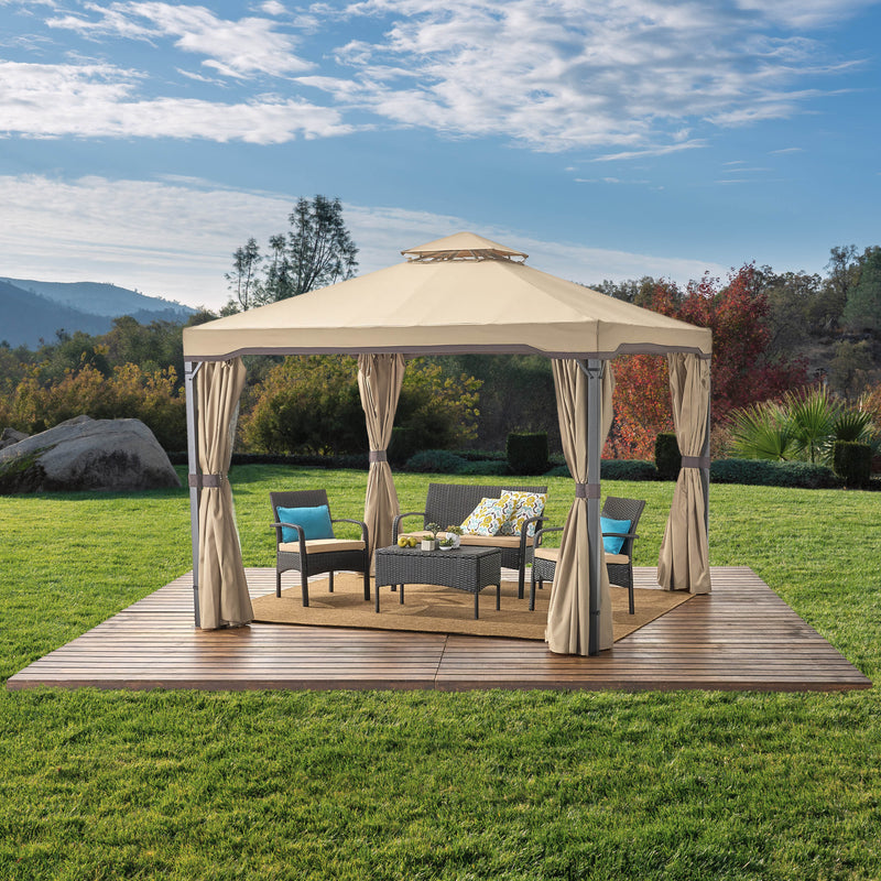 Skyline Gazebo Rust-Resistant Iron Frame with Beige Canopy for Outdoor Shade and Relaxation