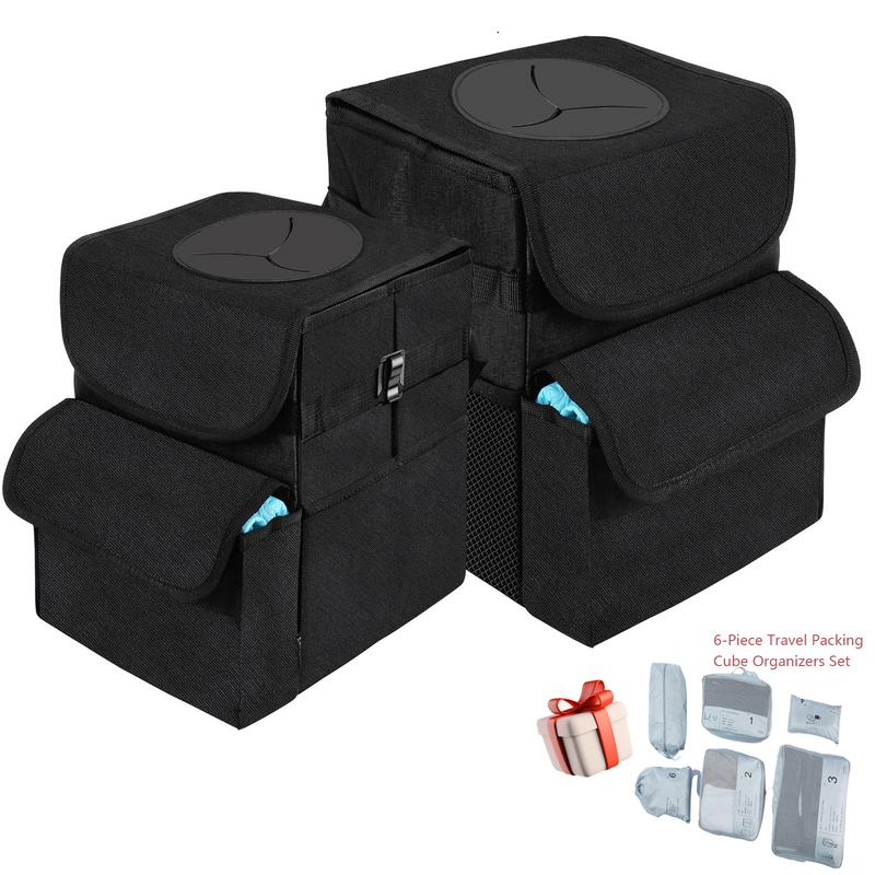 Car Trash Can with Lid and Storage Pockets, 100% Leak-Proof Organizer, 1.8 + 2.8 Gallons Set, free 6-Piece Travel Packing Cube Organizers Set