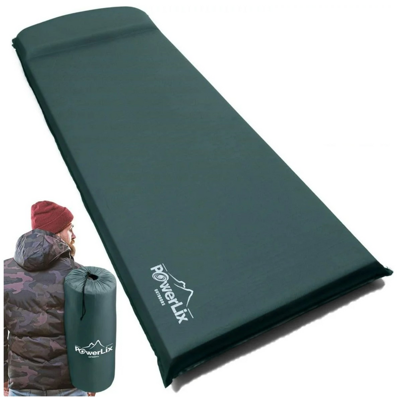 Powerlix Self-Inflating Sleeping Pad with 3-Inches Insulated Plush Foam and Built-In Pillow (28" x 77")