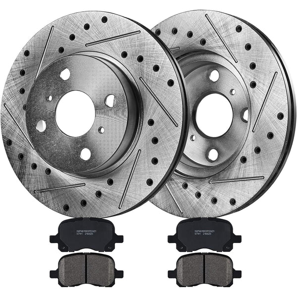 Front Brake Kit Drilled and Slotted Rotors & Ceramic Brake Pads Replacement for 1998-2002 Chevrolet Prizm; 1998-2002 Toyota Corolla