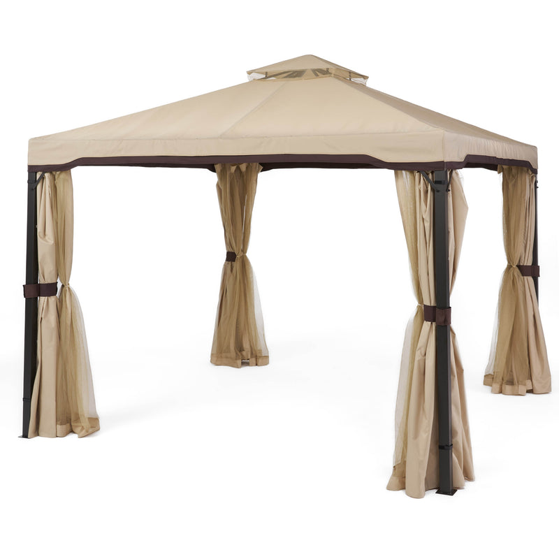 Skyline Gazebo Rust-Resistant Iron Frame with Beige Canopy for Outdoor Shade and Relaxation