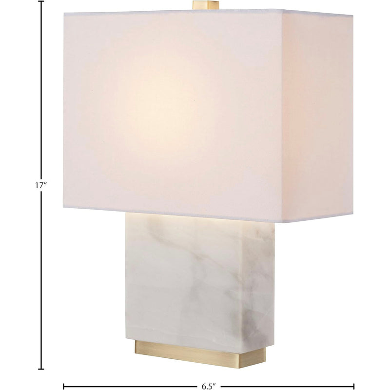 Rivet Mid-Century Modern Rectangle Living Room Table Lamp with LED Light Bulb, 17"H, White Marble and Brass