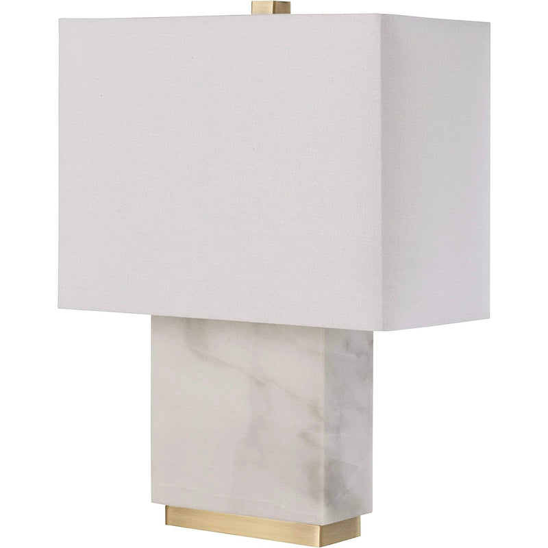 Rivet Mid-Century Modern Rectangle Living Room Table Lamp with LED Light Bulb, 17"H, White Marble and Brass
