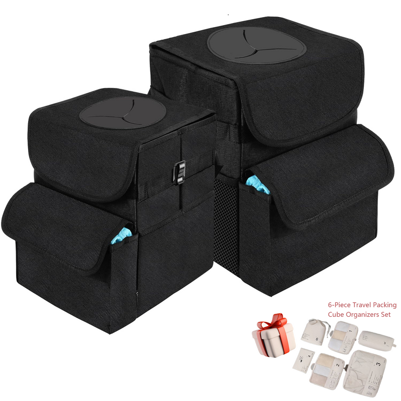 Car Trash Can with Lid and Storage Pockets, 100% Leak-Proof Organizer, 1.8 + 2.8 Gallons Set, free 6-Piece Travel Packing Cube Organizers Set