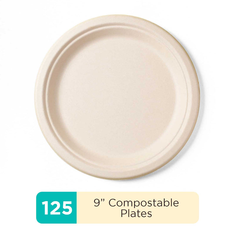 9-inches Renewable Fiber (Paper) Plates (50-Pack, 125-Pack or 500-Pack), PFAS, Bleach Free, BPI Certified, Compostable