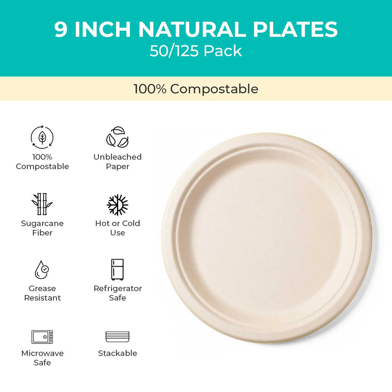 9-inches Renewable Fiber (Paper) Plates (50-Pack, 125-Pack or 500-Pack), PFAS, Bleach Free, BPI Certified, Compostable