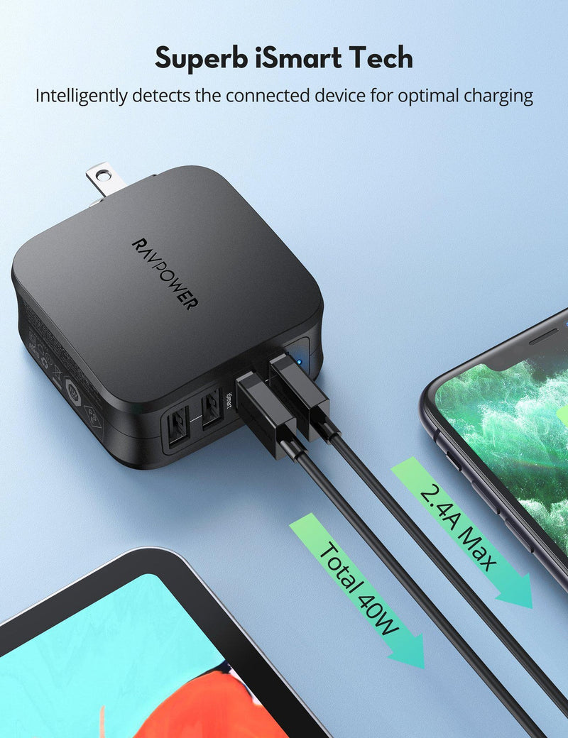 USB Wall Charger 40W 8A 4-Port with Foldable Plug, iPhone Charger