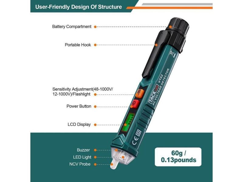 Non-Contact AC Voltage Tester with Adjustable Sensitivity, LCD Display VT02