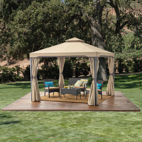 Skyline Gazebo Rust-Resistant Iron Frame with Beige Canopy for Outdoor Shade and Relaxation