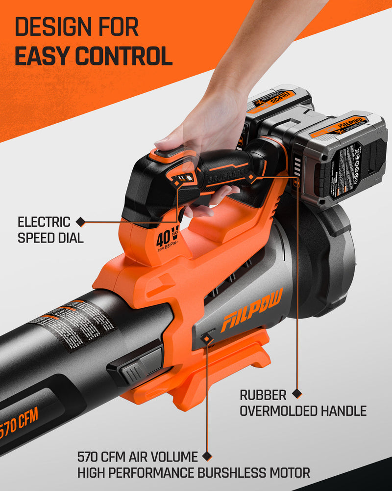 FIILPOW B8 Pro+ Cordless 40V 570CFM Leaf Blower with 2x 4.0Ah Batteries and Fast Charger, Turbo Mode and 3 Variable Speed Lock