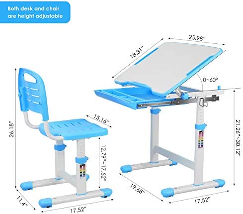 Kids Desk and Chair Set, Height Adjustable Children Study Table Students with Pull-Out Drawer