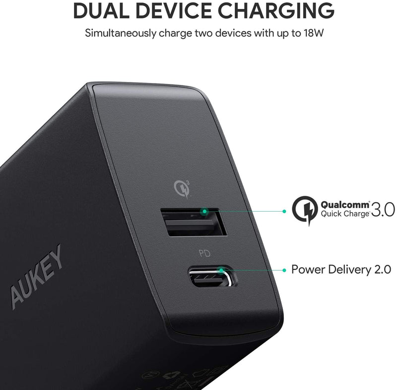 AUKEY PA-Y17 USB-C Charger with Power Delivery 2.0 & Quick Charge 3.0 Ports, 18W USB Wall Charger