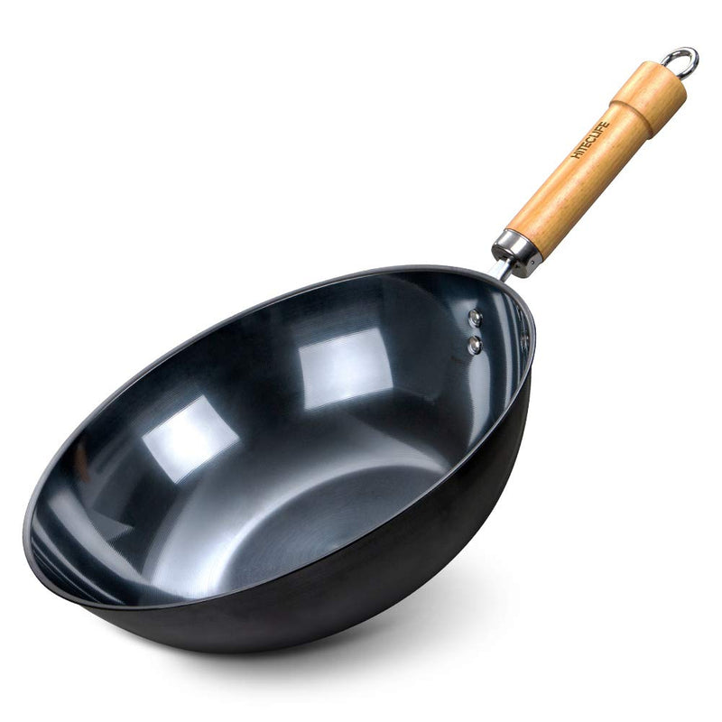 Wok Pan 12 inch High Carbon Steel Stir Fry Pan with Detachable Wood Handle