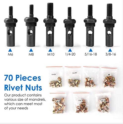 Professional Rivet Nut Setter Kit with 14" Hand Rivet Nut Gun, 6 Changeable Mandrels(M6, M8, M10, 1/4-20, 3/8-16, 5/16-18) & Rugged Carrying Case